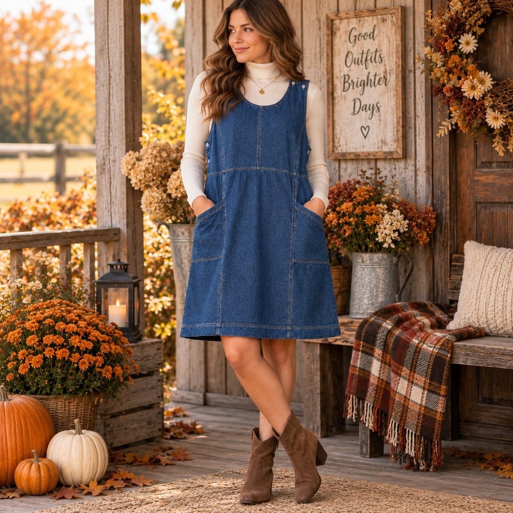 Country Store Jumper Dress Cottagecore Women 1X Blue Denim Button Pockets